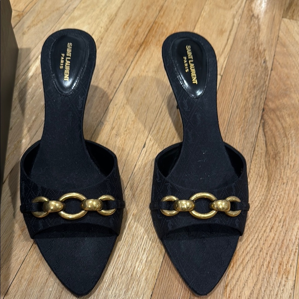 Saint Laurent Black and Gold Mules with Chain Detail